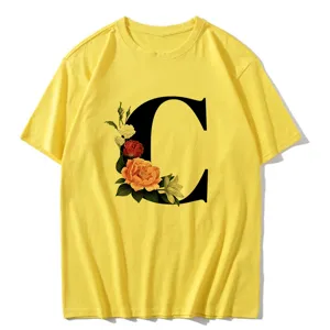 Yellow short sleeve t-shirt with floral letter C print detail for daily casual wear.