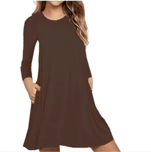 Solid Color Long Sleeve Pocket Swing Dress Casual Loose Round Neck Mini Dress For Women