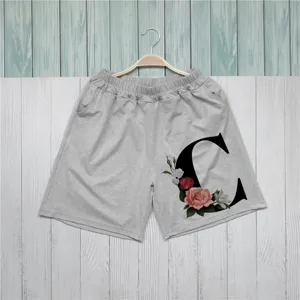 Γκρι γυναικείο σορτς με floral γράμματα τύπωμα casual ελαστική μέση καλοκαίρι