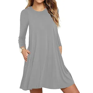 Solid color long sleeve pocket dress for women casual loose mini dress daily wear grey.
