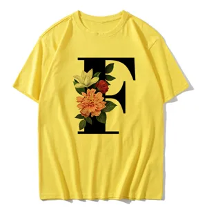 Yellow short sleeve t-shirt featuring a large floral letter F print for women daily wear.