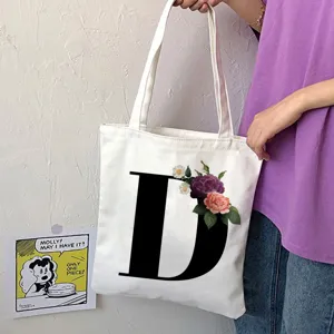 Borsa shopper in tela bianca con elegante lettera D e stampa floreale, borsa a spalla casual.