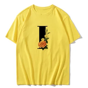Yellow short sleeve women t-shirt featuring letter I and vintage floral print casual top