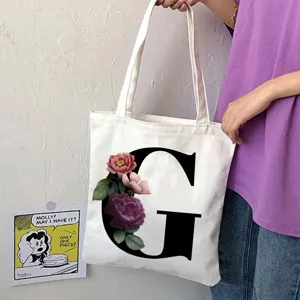 Borsa shopper in tela con lettera G e stampa floreale vintage, borsa a spalla casual.