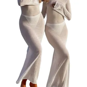 Women Long Sleeve Beach Cover Up Sheer Mesh Maxi Dress Sexy Backless Long Dress Summer Wear