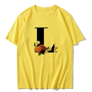 Yellow letter L floral print t-shirt detail showing the delicate floral graphic design