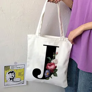Borsa tote in tela con lettera J e stampa floreale, borsa a spalla casual da donna.