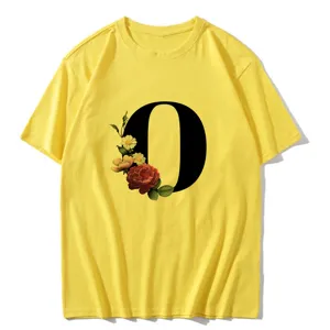 Yellow short sleeve t-shirt with letter O and floral print detail for women casual wear