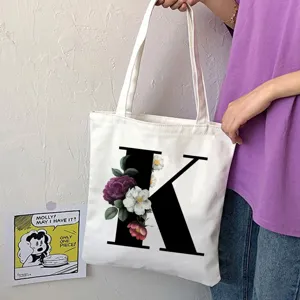 Borsa tote in tela con design lettera K floreale, borsa a tracolla casual per donna uso quotidiano.