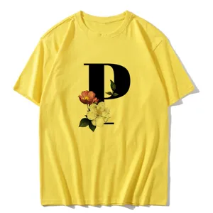 Women casual yellow short sleeve t-shirt featuring a stylish black letter P and vintage floral print.