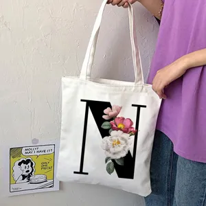 Borsa tote in tela con lettera N e stampa floreale, borsa a spalla casual per donna.