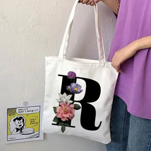 Borsa shopper in tela con lettera R e stampa floreale, grande borsa a spalla casual.