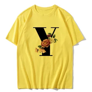Yellow short sleeve women t-shirt with letter Y and floral print casual summer top