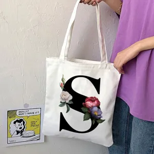 Borsa shopper in tela bianca con lettera S nera e stampa floreale vintage, borsa casual.