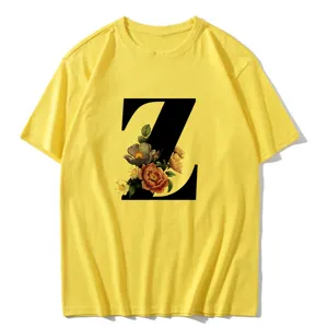 Yellow short sleeve t-shirt with floral letter Z print, casual everyday summer women top.