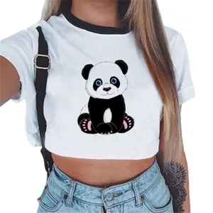 Top corto blanco lindo con estampado de panda de dibujos animados, camiseta de verano.