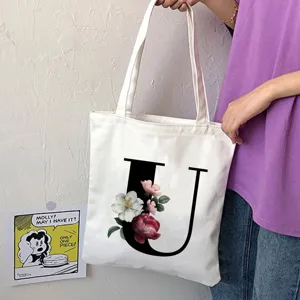 Borsa tote in tela con elegante stampa floreale della lettera U, borsa a tracolla casual per le donne.