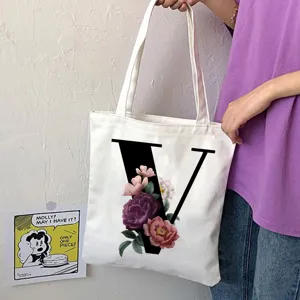 Borsa shopper in tela con lettera V e stampa floreale, borsa a spalla casual da donna.