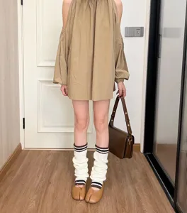 scaldamuscoli in maglia stile college donna, calze lunghe a righe autunno inverno.