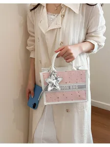 Stylish pink star print canvas tote bag for women chic shoulder handbag with charms