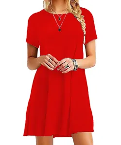Mujer vestido corto rojo liso manga corta cuello redondo casual línea a verano detalles.