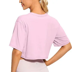 Dames losse korte mouw crop top roze casual sport yoga fitness actieve t-shirt
