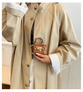 Nahaufnahme Detail einer kleinen braunen Handtasche mit Goldkette und Schloss, Modeaccessoire.
