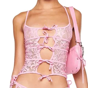 Pink lace camisole top with front bow ties and cutout design, sexy y2k style women crop top.