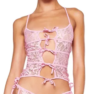 Pink lace halter crop top with cute front bow ties, Y2K sexy sleeveless top for women summer.