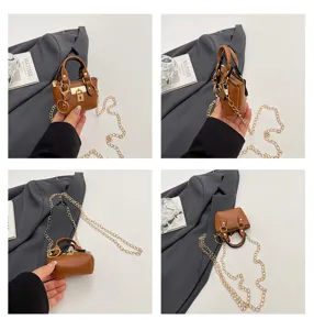 Kinder Mini Umhängetasche süße braune PU Leder Handtasche mit goldener Kette für Mädchen
