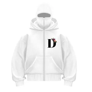 Y2K Full Zip Mask Hoodie Casual Loose Oversized Sweatshirt with Floral Letter Print