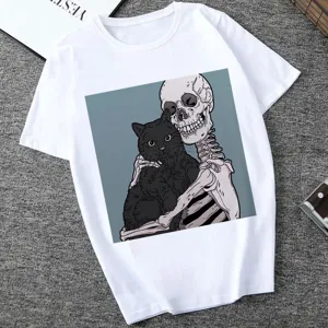 Women casual white t-shirt featuring unique skeleton and black cat graphic print design.