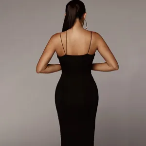 Women black backless spaghetti strap bodycon dress, elegant slim fit long dress for party.