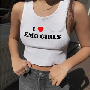 Damen weißes geripptes Crop Top Sommer lässig ärmellos Grafik Tanktop Y2K Streetwear