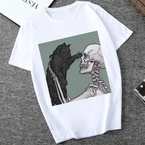 White short sleeve t-shirt with aesthetic black cat and skeleton graphic print for women.