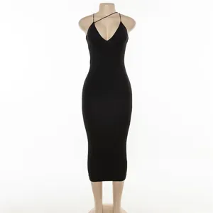 Women sexy black bodycon slip dress with low cut and asymmetric straps for party clubwear