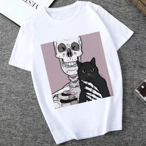 Casual white short-sleeve t-shirt featuring a cool skeleton and black cat graphic print.