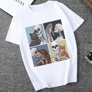 Women's white short sleeve t-shirt featuring cute skeleton and cat graphic print casual top