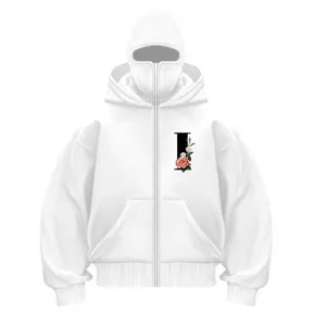 White full-zip hoodie with built-in balaclava mask and floral letter graphic streetwear.