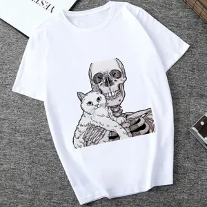 White graphic t-shirt featuring a skeleton hugging a cat print, casual short sleeve top.