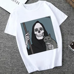 Women graphic t-shirt gothic grim reaper cat print short sleeve casual white top