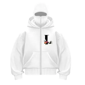 Detail view of white zip-up hoodie featuring unique balaclava hood and floral letter L print.