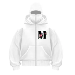 Y2K streetwear white full-zip hoodie with unique face mask hood and floral letter M print.