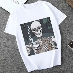 Casual white short sleeve women t-shirt featuring skeleton and cat graphic print design.