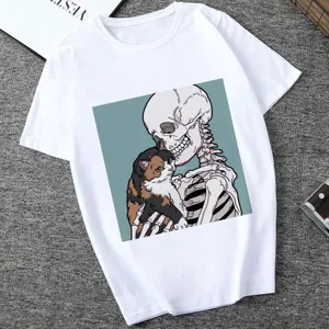 Casual white women's t-shirt featuring a unique skeleton and cat graphic print design.