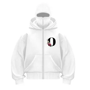 Unisex white full-zip hooded sweatshirt with mask design, floral letter O graphic Y2K streetwear.
