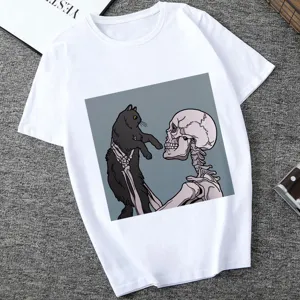 Casual white short sleeve t-shirt featuring unique gothic skeleton and cat graphic print.