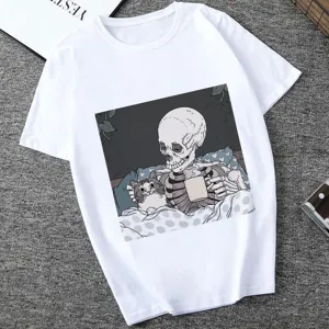 Casual white short-sleeve t-shirt for women featuring a cool skeleton and cat graphic print.