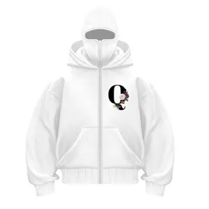 Detail view of white fleece hoodie with built-in mask hood and floral letter graphic print.