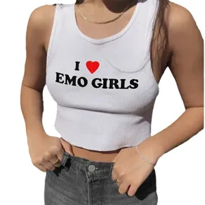 Weißes geripptes Crop-Top für Damen, Y2K ärmelloses Tanktop mit süßem grafischem Print.